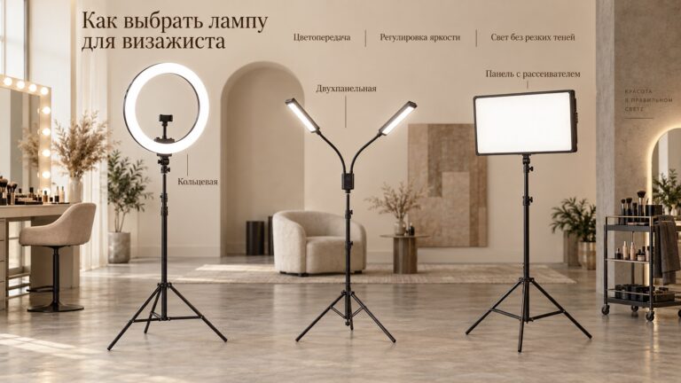 Кольцевая лампа, двухпанельный светильник и LED-панель с рассеивателем для визажиста
