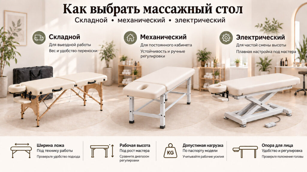 Складной, механический и электрический массажные столы: конструкция, регулировка высоты и опора для лица
